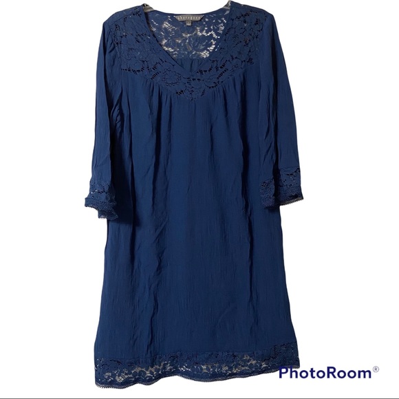 Sharagano Navy Blue Lace Detail Three Quarter Sleeve Dress Size L - Picture 1 of 9